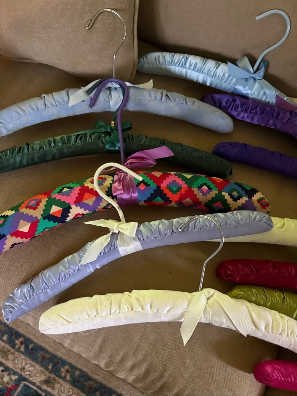 14 Vintage satin Cloth padded hangers various pastel colors patterned designs